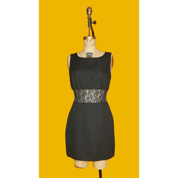 1990s-Y2K NU OZ Lace Cut Out Semi SHEER Midriff Black Party Dress. Medium-Large - Picture 2 of 6